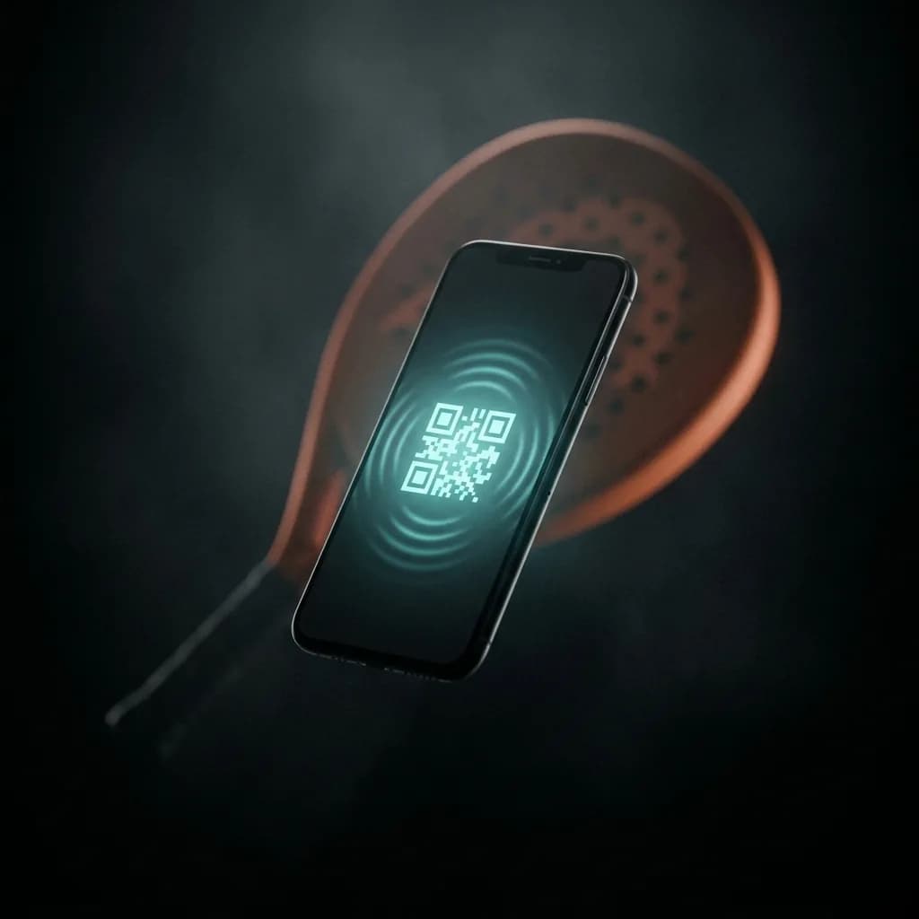 Smartphone mit QR-Code vor einem Padelschläger