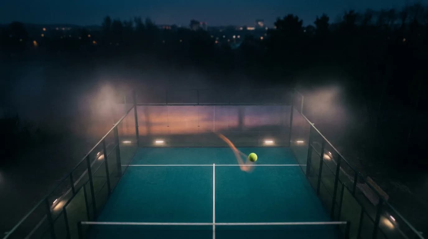 Beleuchteter Padelplatz mit Glaswänden in der Abenddämmerung